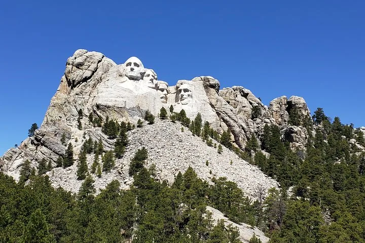 Weitwinkelansicht des Mount Rushmore, umgeben von grünen Kiefern