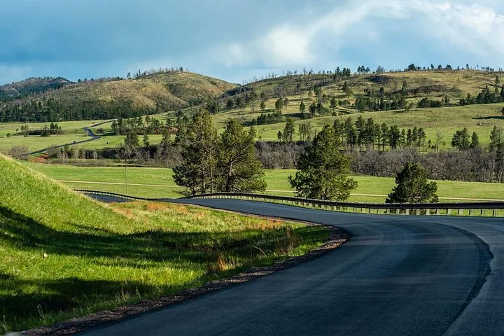 Kurvenreiche asphaltierte Straße durch eine grasige, hügelige Landschaft mit Bäumen